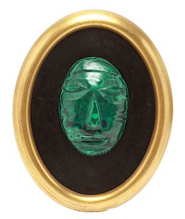Carved Malachite Stylized Face Hanging Wall Plaque