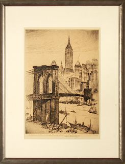 Anton Schutz "Brooklyn Bridge" Etching on Paper