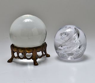 Art Glass Paperweight & Crystal Ball on Stand, 2