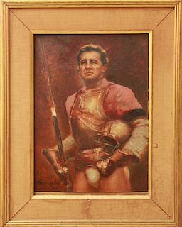 Signed Temple Portrait of a Jouster Oil on Board