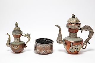 Tibetan Copper Teapots & Hammered Bowl, 3