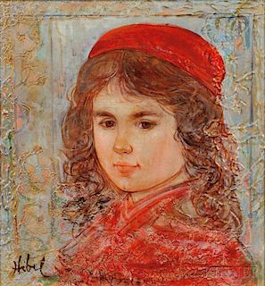 Edna Hibel (American, b. 1917)      Head of a Girl in a Red Cap.