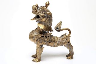 Tibetan Asian Gilt Metal Foo Lion Sculpture