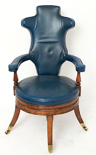 Modern Blue Leather Swivel Seat Arm Chair