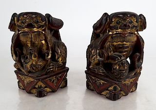 Pair Chinese Wood Decorated Sculptures