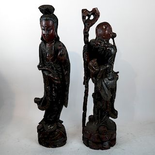 Two Chinese Palatial Wood Sculptures: Man, Woman