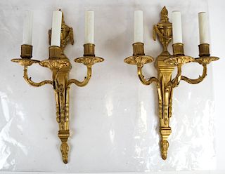 Pair French Three-Light Bronze Dore Sconces