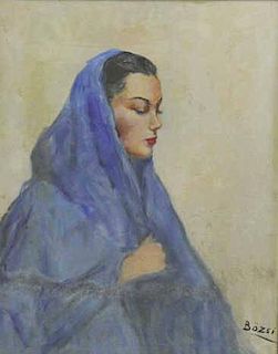 BOZSI. Oil on Board. Portrait of a Woman in Blue