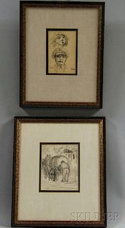 Obad Diaho (Israeli, 20th Century)      Two Framed Sketchbook Pages: Man with Cart