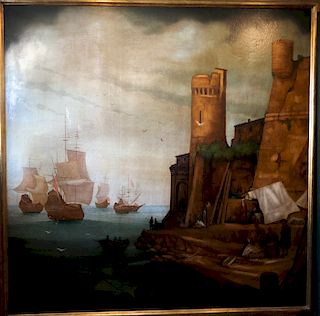 19th C. Painting: Castle by Sea - Oil on Canvas