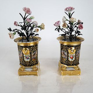 Pair of French Painted Porcelain and Tole Cachepot