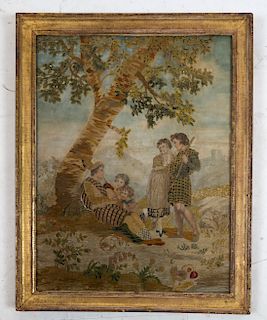 19th C. Regency Needlepoint: Children at a Tree