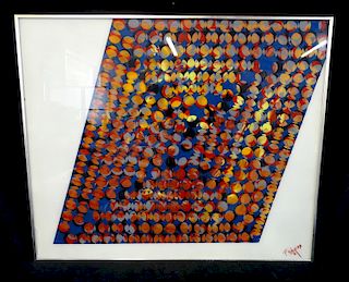 REVERSE PAINTED GLASS PANEL "ABSTRACT CIRCLES" SGN. 