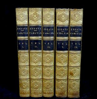 5 LEATHER BOUND VOLS. ESSAYS OF THOMAS CARLYLE
