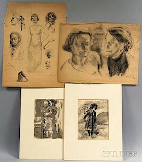 Johann Robert Schürch (Swiss, 1895-1941)      Four Works: Two Women, Sketches with Self Portrait ,  Father with Child