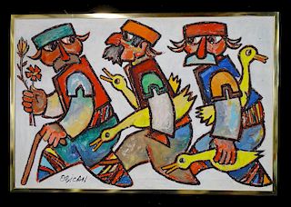 OBICAN SGN. OIL ON CANVAS: 3 FIGURES WITH DUCKS 