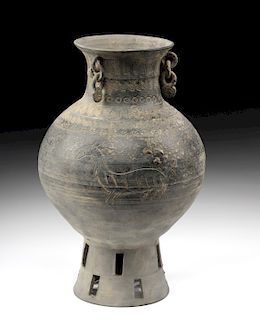Rare Korean Silla Stoneware Footed Vase w/ Horses