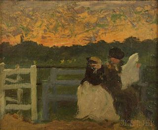 Anglo/American School, 19th Century    Oil Sketch of a Couple Seated Outdoors Reading the Newspaper