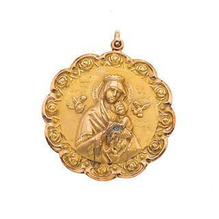 Medalla rellena en oro amarillo de 8k. Imagenes de Sagrado corazón de Jesús y Virgen. Peso: 38.2 g.