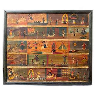 Retablo de Exvotos. México. Principios del siglo XX. Óleo sobre lámina de zinc. Enmarcado en madera tallada. 100 x 120 cm.