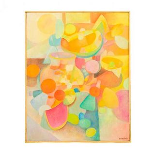 Aurelio Pescina. Bodegón abstracto. Firmado. Siglo XX. Óleo sobre tela. Enmarcado en madera dorada. Dimensiones: 50 x 40 cm.