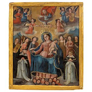 OUR LADY OF THE ROSARY SURROUNDED BY SAINTS AND MUSICIAN ANGELS. EARLY 20TH CENTURY. Oil on canvas. 51 x 42 in