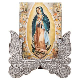 OUR LADY OF GUADALUPE. MEXICO, 20TH CENTURY. Oil on copper (fragment). Fragment of wooden frame with Sterling 0.925 Silver sheet, embossed and decorat