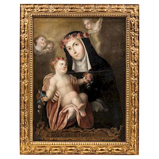 SAINT ROSE OF LIMA. MEXICO, 19TH CENTURY. Oil on canvas. With the legend: "Sta. Rosa de Sta. María". 33 x 25 in