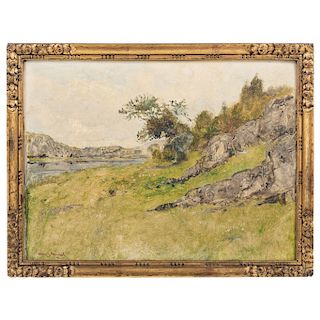CHARLES MICHEL (BELGIUM, 1874-1967). ROCKY LANDSCAPE WITH LAKE. Oil on cardboard. Signed. 9.5 x 13 in