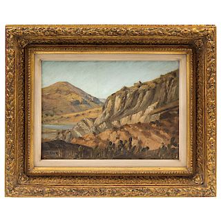 CLEOFAS ALMANZA (MÉXICO, 1850-1925). MOUNTAIN LANDSCAPE WITH NOPALERAS. Oil on cardboard. Signed. 10 x 14 in