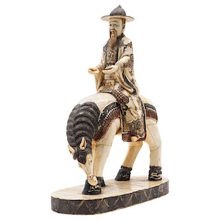 OLD MAN AND HORSE. CHINA, 20TH CENTURY. Bone-plaquette with inked and gilded details. 16.5 in high.