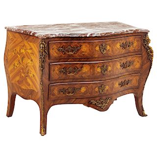 COMMODE. FRANCE, 19TH CENTURY. Louis XV Style. Mahogany wood with floral marquetry, gilded bronze details and marble cover. Decoration with acanthus a