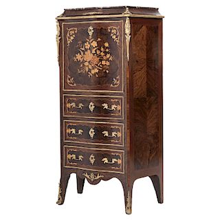 SECRÉTAIRE. FRANCE, EARLY 20TH CENTURY. LOUIS XV Style. Veneered wood, root veneer, marble and bronze. Three lower drawers and folding cover with leat