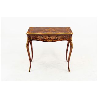CONSOLE. FRANCE, 19TH CENTURY. LOUIS XV Style. Mahogany tone wood with floral marquetry and gilded bronze details. Decorated with acanthus and scrolls