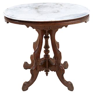 SIDE TABLE. FRANCE, 19TH CENTURY. Wood with white marble oval cover. With geometric decoration. 27.5 x 31 x 22.5 in.