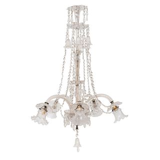 CHANDELIER. FRANCE, FIRST HALF OF THE 20TH CENTURY. Crystal with bronze structure. Five lights decorated with chains. 50 in tall.