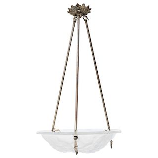 CEILING LIGHT. ART DECÓ Style. DEGUÉ Type. Pressed and frosted glass shade. Decored with vines, vegetal and geometic motifs. With electrical installat