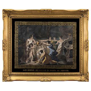 GROUP OF "THE ADVENTURES OF TELÉMACO" SCENES. SPAIN, 19TH CENTURY. Colored lithographs. gilded cardboard frame with titles. 12.5 x 16.5 in