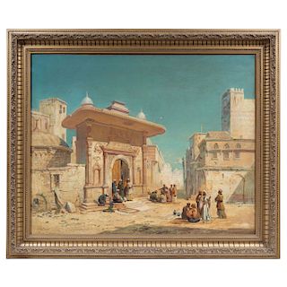 JAMES WEBB (ENGLAND, 1825-1895). ARAB CITY VIEW WITH CHARACTERS. Oil on canvas. 40 x 49 in