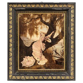 SCENE OF A LADY WITH TREE. 19TH CENTURY. FRENCH School. Oil on wood. With ebonized and gilded wood frame. 17 x 13 in