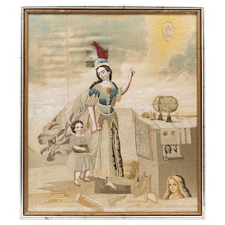 ALLEGORY OF TEACHING. MEXIC, 19TH CENTURY. Embroidered in silk with feather ornaments and oil details. 30 x 25 in