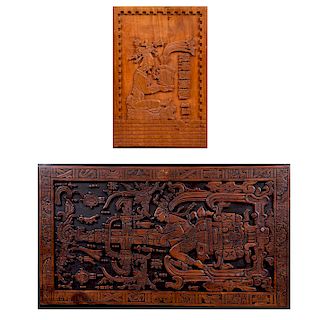 Lote de estelas mayas decorativas. México, siglo XX. Tallas en madera con esgrafiados y bajo relieves. Lápida del Rey de Pakal. Pz: 2