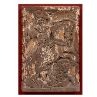 Santiago Matamoros. Siglo XX. Talla en madera con esgrafiados. Enmarcado. 39 x 27 cm