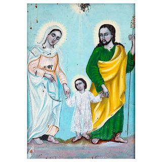 Anónimo. La Sagrada Familia. Óleo sobre lámina de zinc. Enmarcado. 49 x 35 cm