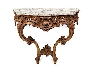 A Louis XV Style Marble Top Console Table
Height 36 x width 46 x depth 22 inches.