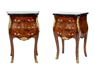 A Pair of Louis XV Style Marquetry Petit Commodes 
Height 28 x width 19 1/2 x depth 12 3/4 inches.