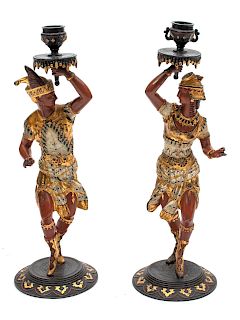 A Pair of Egyptian Revival Cold Painted Candlesticks
Height 14 1/2 inches.
