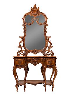 A Belle Epoch Carved Fruitwood Console Table with Mirror
Height overall 94 x width 49 x depth 17 1/4 inches. 