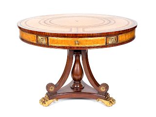 A Regency Style Gilt Metal Mounted Mahogany Drum Table
Height 28 1/4 x diameter 39 1/2 inches.
