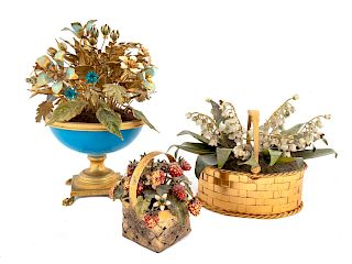 A Group of Three French Tole Peint, Gilt Metal and Silver Floral Baskets Height of largest 8 1/2 inches.